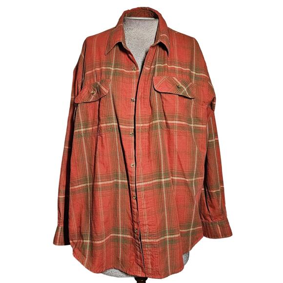 Orange Plaid Long Sleeve Button Up Shirt Size Large - Picture 1 of 4